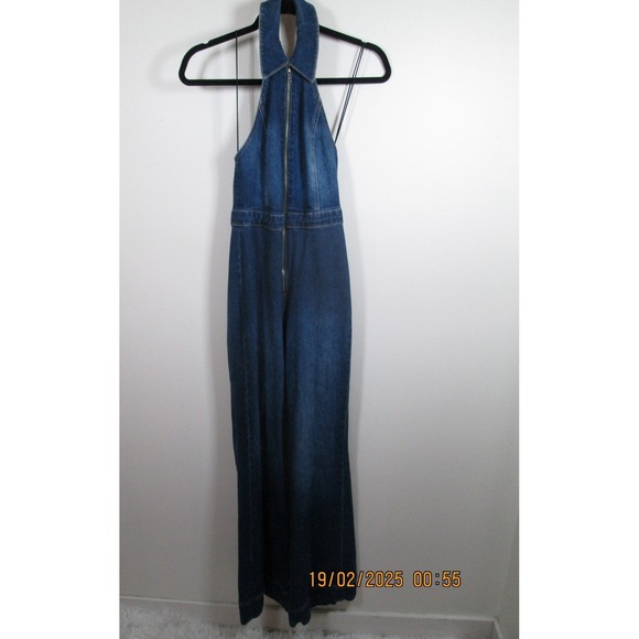 Alice + Olivia Jeans Jumpsuit Size 24 Denim Dark Halter Neck Full Zip Flare - Picture 10 of 14